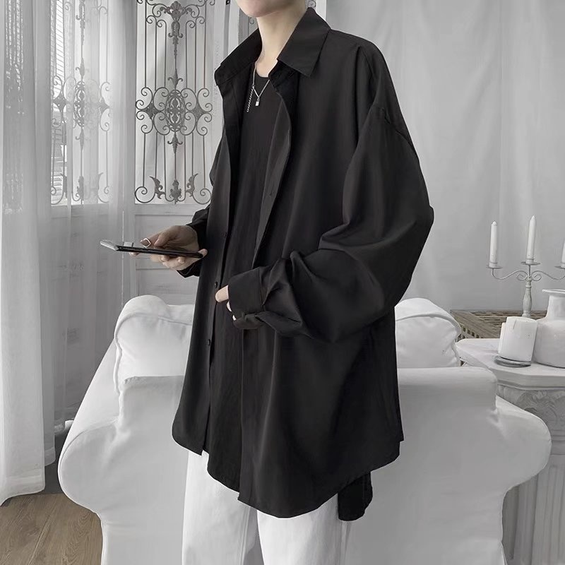 Áo Sơ Mi Tay Dài Dáng Rộng Màu Trơn Thời Trang Hàn Quốc Trẻ Trung Cho Nam