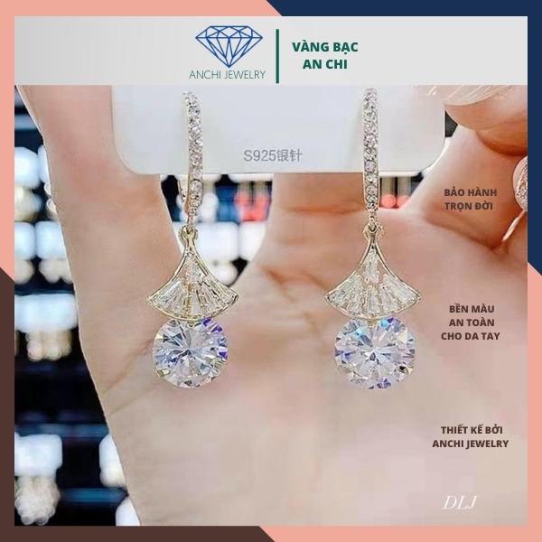 Bông tai công chúa đá tròn, khuyên tai hình quạt - bạc ta sáng đẹp không đen xỉn - An chi Jewelry