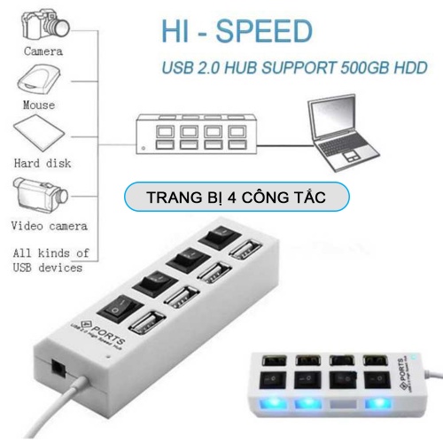 Bộ chia cổng usb hub 4 port hình ổ điện có công tắc led đa năng cho máy tính laptop, pc, điện thoại, máy in, đọc thẻ nhớ