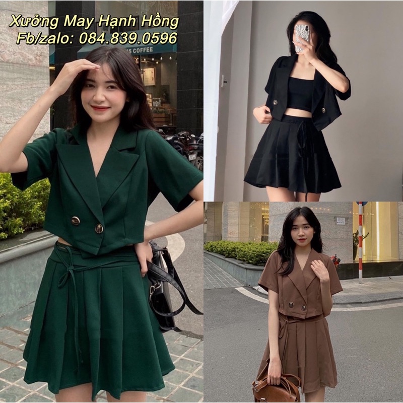 Set áo vest cộc tay kèm chân váy xếp ly dây thắt eo
