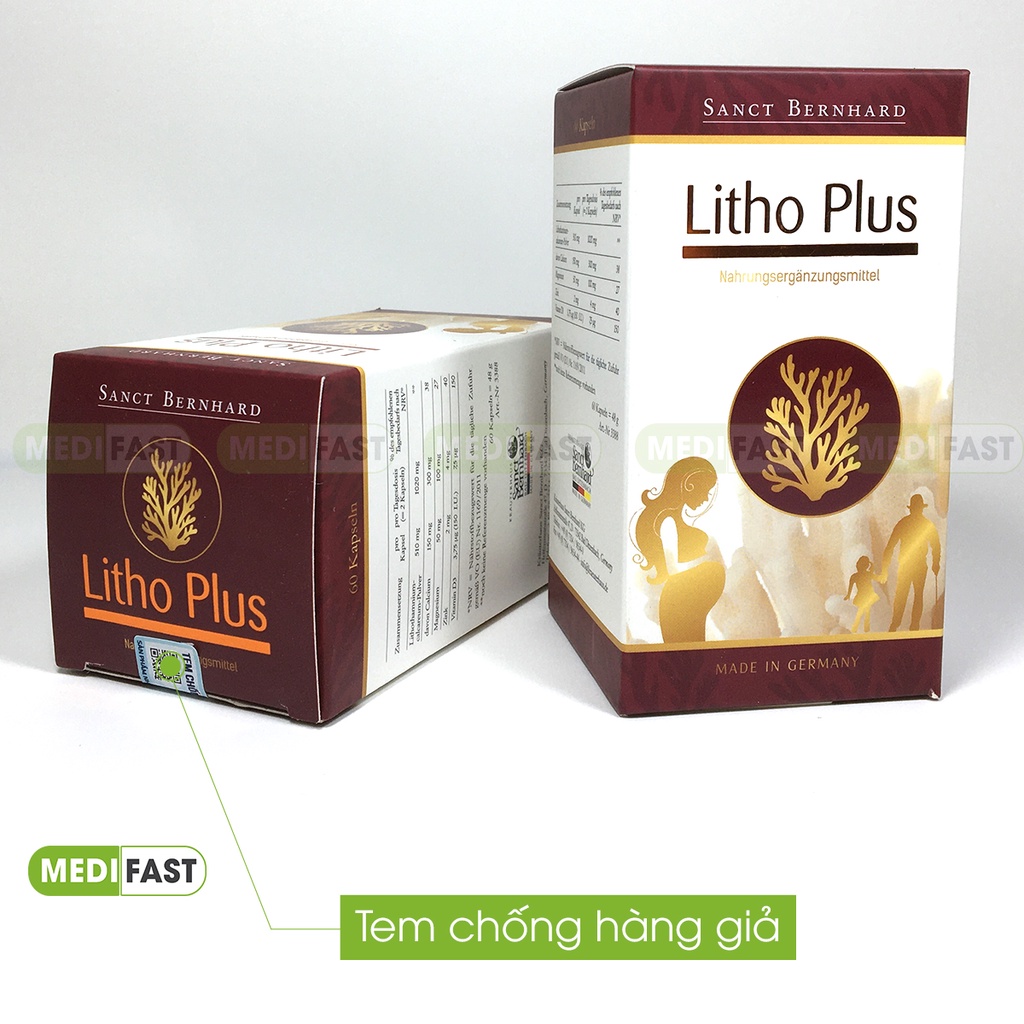 Bổ sung canxi từ tảo biển đỏ - Litho Plus Lọ 60 viên - Nhập khẩu chính hãng từ Đức - dùng cho mẹ bầu và cho con bú