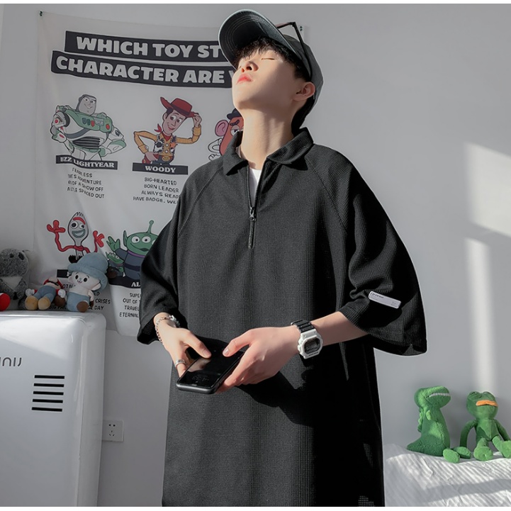 Áo Thun Polo Tay Ngắn Dáng Rộng Màu Trơn Có Khóa Kéo Thời Trang Phong Cách Hàn Quốc Cho Nam Giới