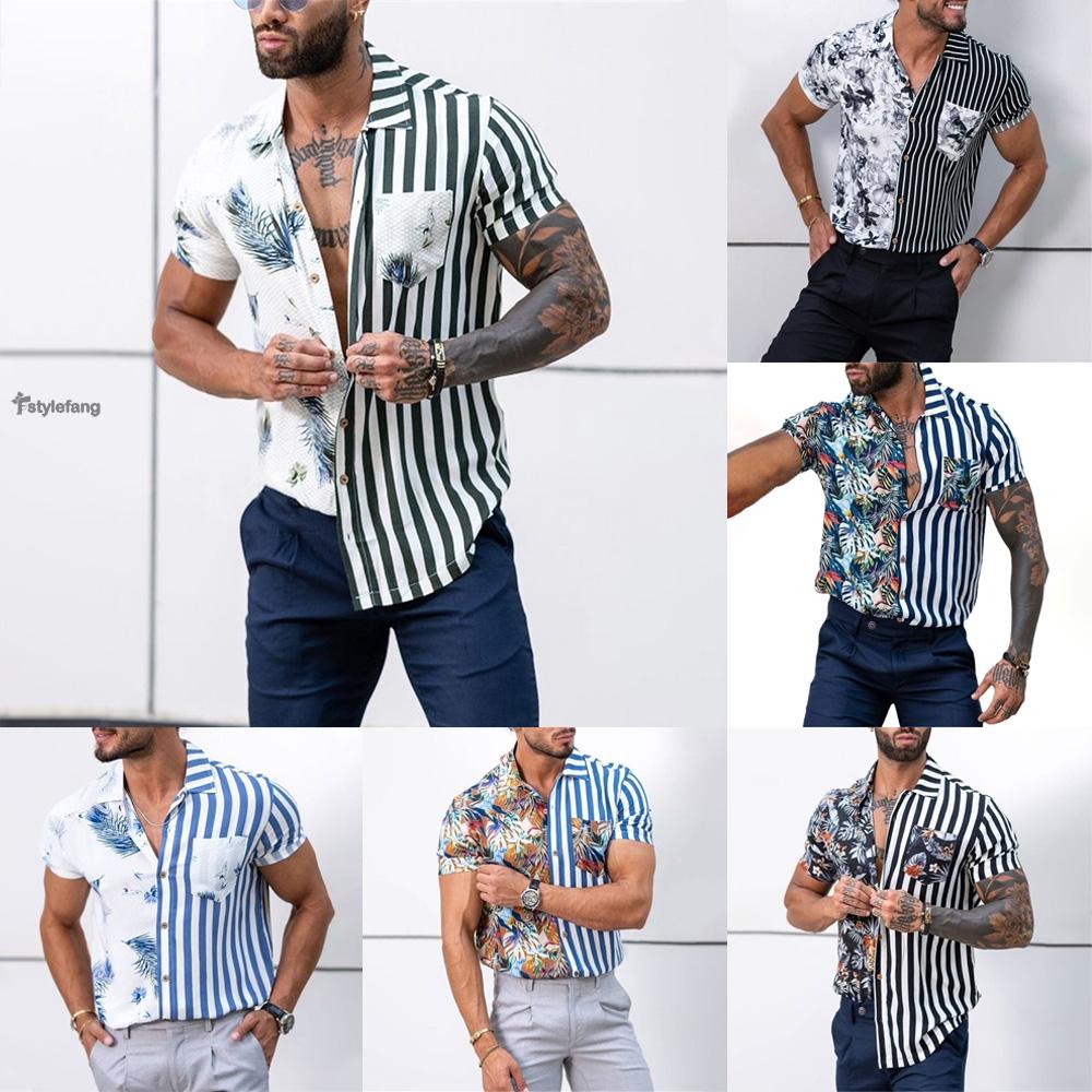 STYLEF-~Men/Mens Button Down Shirt Fitness Short Sleeve Casual Party Hawaiian Tee Top-