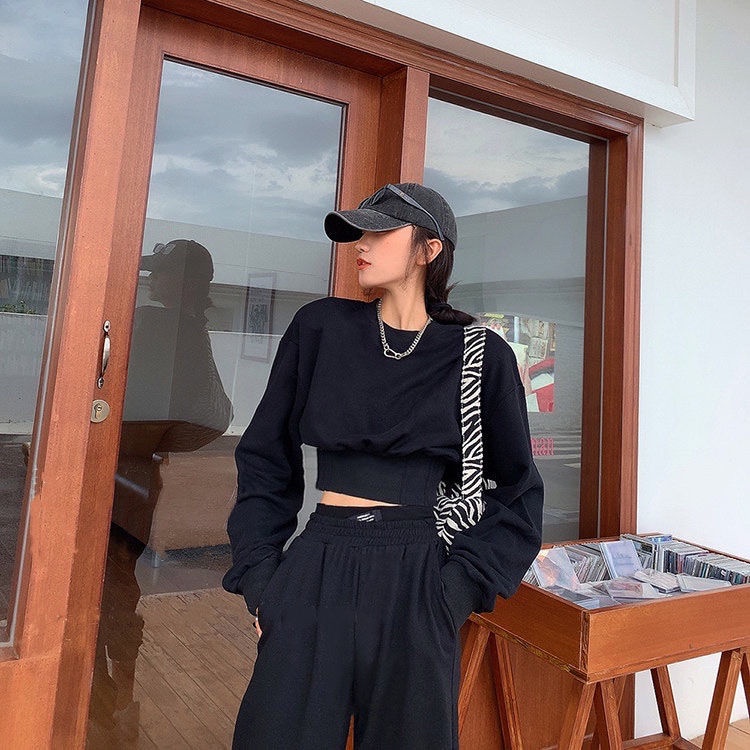 Áo sweater cổ tròn phối nhung dày thời trang thu đông Hàn Quốc mới cho nữ 2021