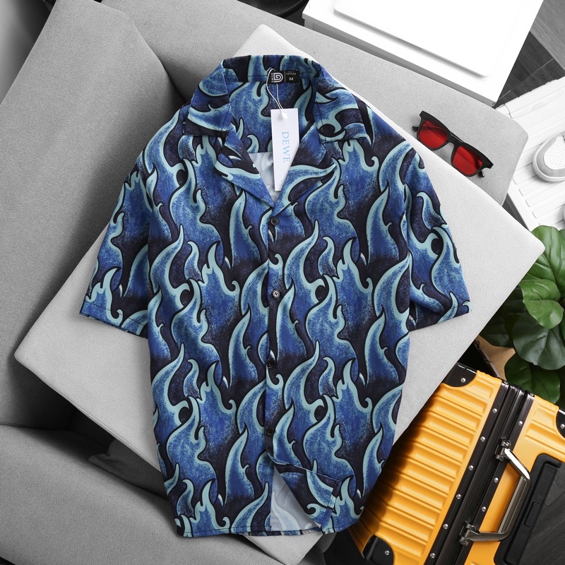 Áo sơ mi ngắn tay Dewens, vải lụa chéo nhập khẩu chống nhắn thoáng mát, hoạ tiết Lửa Xanh - DEWE Cuban Shirt