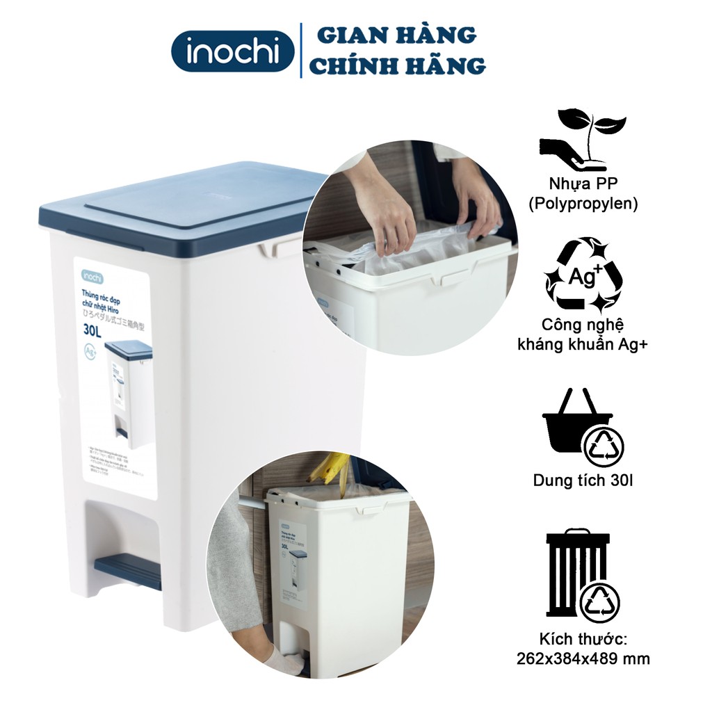 Thùng Rác Nhựa 30L Đạp Chân Nắp Đậy Chữ Nhật HIRO INOCHI Làm Sọt Rác Văn Phòng , Gia Đình TRAC30