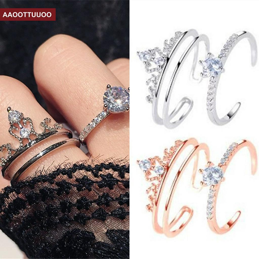 Set 2 Nhẫn Đính Đá Zircon Có Thể Điều Chỉnh Kích Cỡ Thời Trang