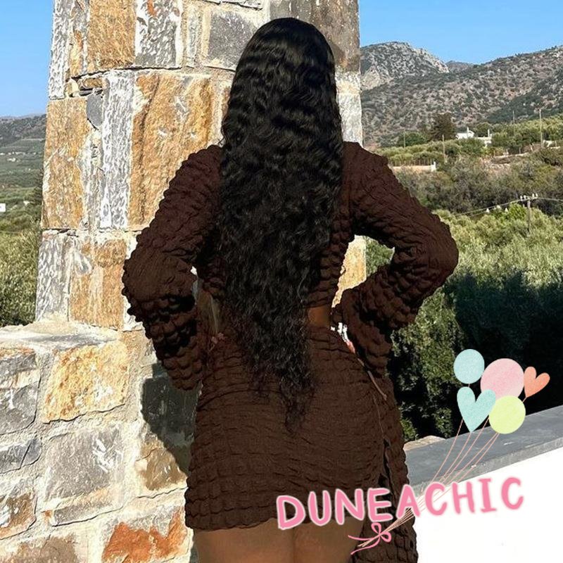 DUNEA Set đồ gồm áo croptop tay dài cổ chữ V và chân váy màu trơn thắt dây thời trang