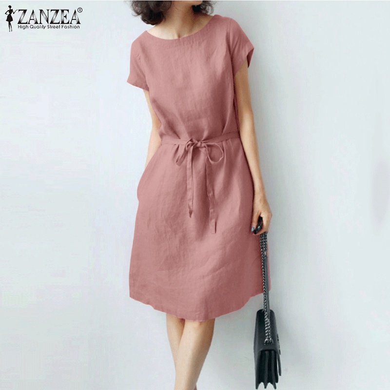 Đầm midi ZANZEA tay ngắn cổ tròn màu trơn thời trang cho nữ