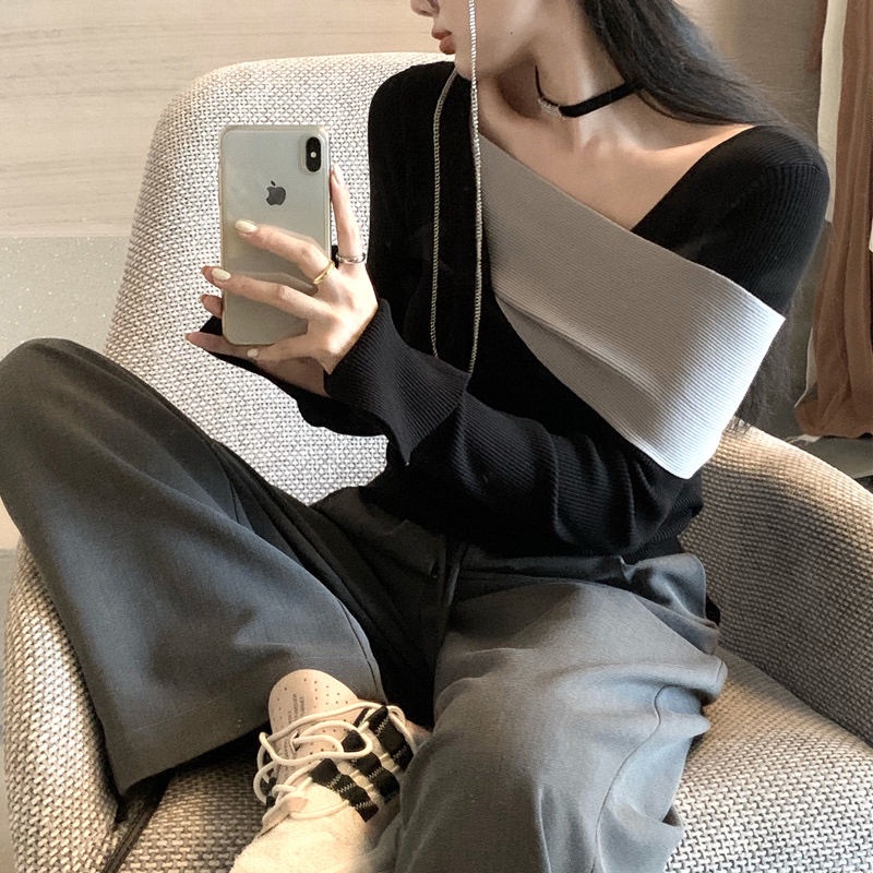 Áo Sweater Tay Dài Vạt Chéo Màu Tương Phản Độc Đáo Thời Trang 2022 Cho Nữ