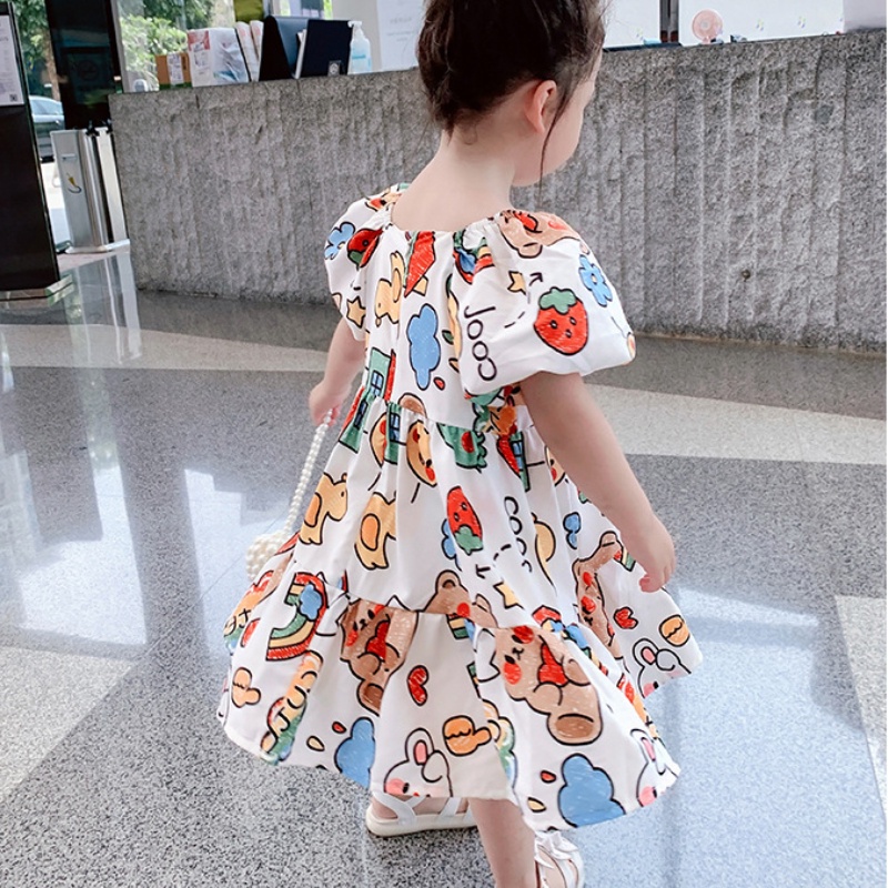 Đầm công chúa  tay phồng cổ tròn in hoạt hình đáng yêu phong cách mùa hè cho bé gái 1-6 tuổi
