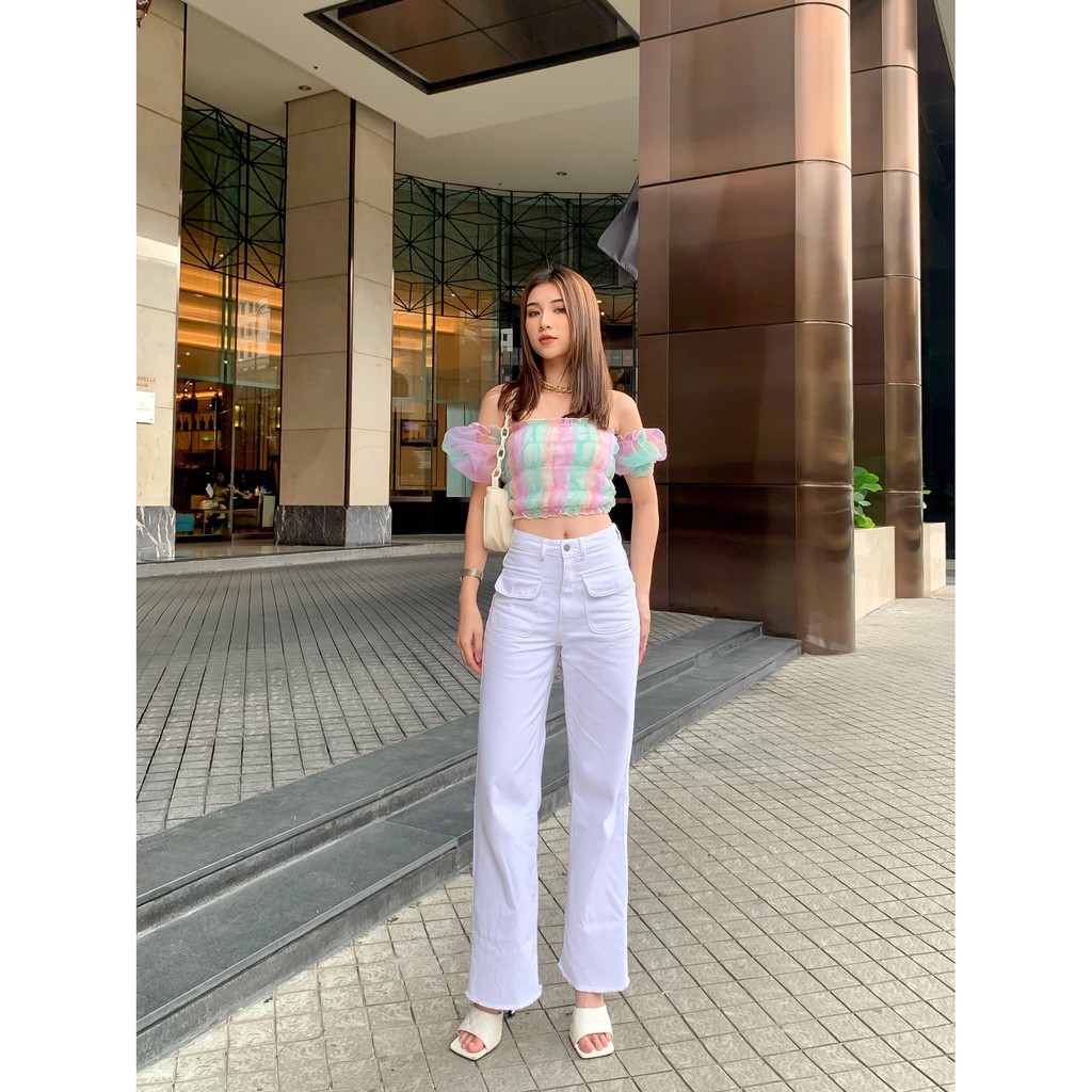 Quần jeans suông túi trước CHICMONKI form dài màu trắng CMJ910