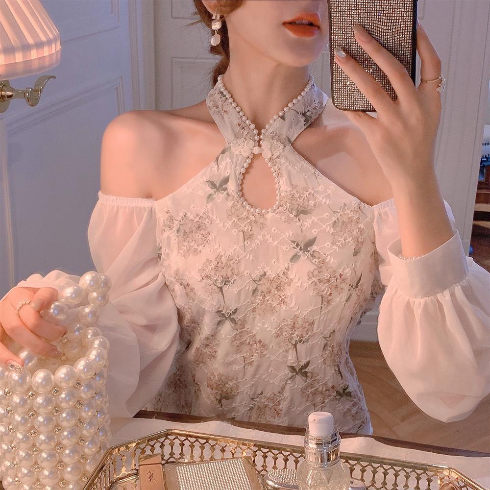 Đầm sườn xám cách tân dáng dài hở vai xẻ tà kiểu retro quyến rũ dành cho nữ