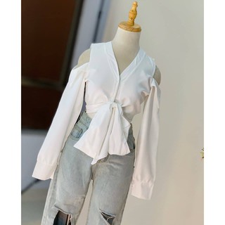 Áo Sơ Mi Khoét Hở Vai Thắt Dây Eo (TRẮNG+ĐEN)