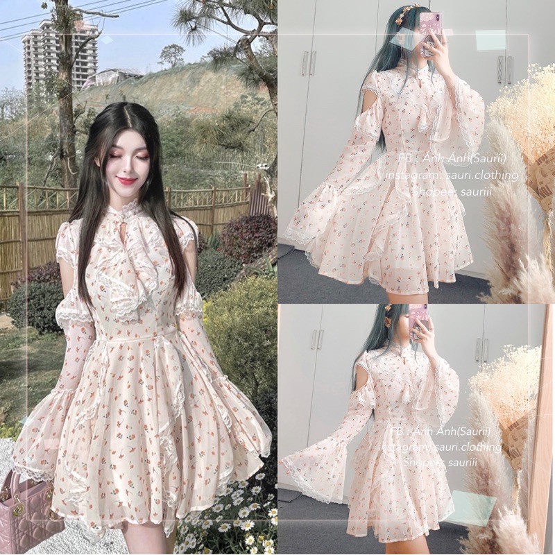 SẴN🖤Đầm xoè voan hoa nhí ulzzang tiểu thư công chúa xinh xắn nhẹ nhàng dạo phố |Váy bánh bèo khoét vai vintage retro