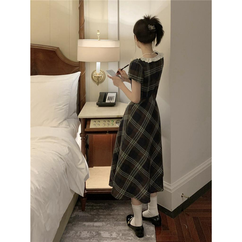 Platycodon Đầm Tay Ngắn Cổ Vuông Phối Ren Họa Tiết Kẻ Sọc Phong Cách Cổ Điển Thời Trang Cho Nữ