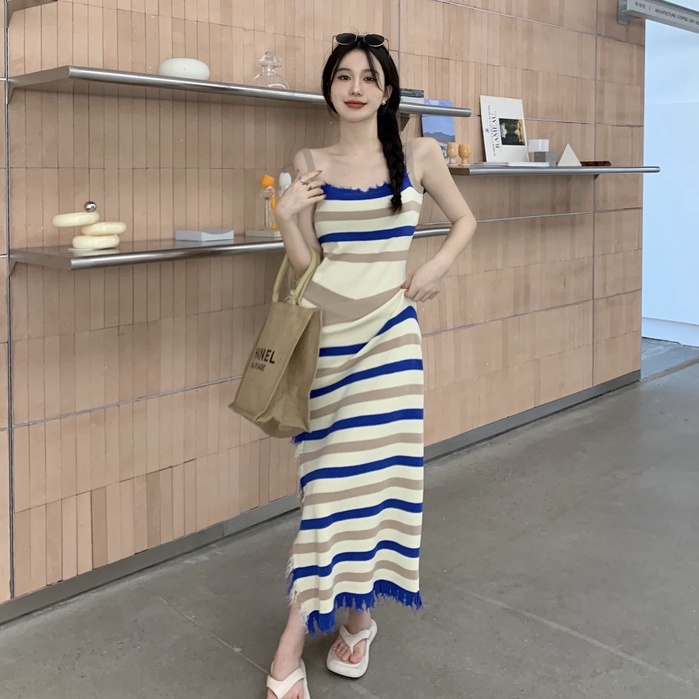 Đầm Hai Dây Dáng Ôm Co Giãn In Họa Tiết Kẻ Sọc Phối Tua Rua Thời Trang Mùa Hè Phong Cách Hàn Quốc Cho Nữ