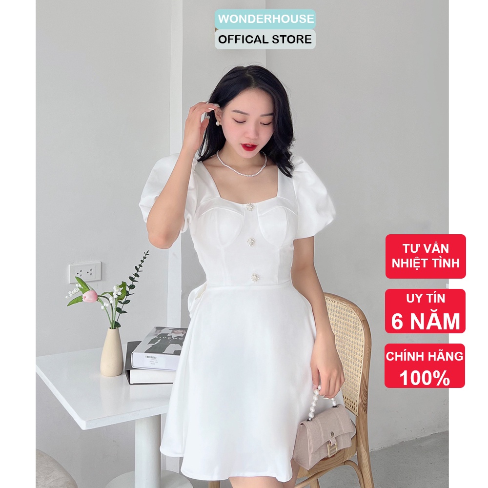 Đầm thiết kế WONDERHOUSE cổ vuông tay bồng nơ sau dự tiệc, dạo phố chất cotton dày dặn form tôn dáng - Sara Dress