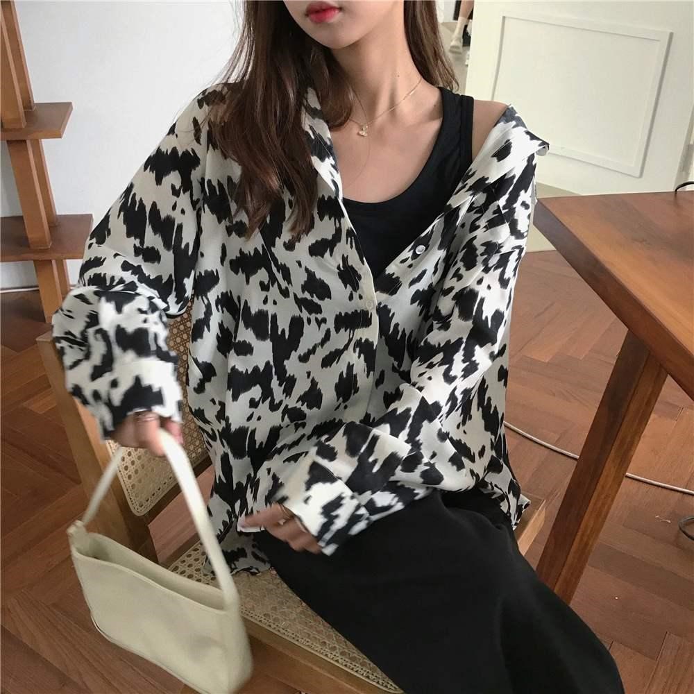 Áo Sơ Mi Tay Dài Họa Tiết Da Báo Phong Cách Retro Hàn Quốc