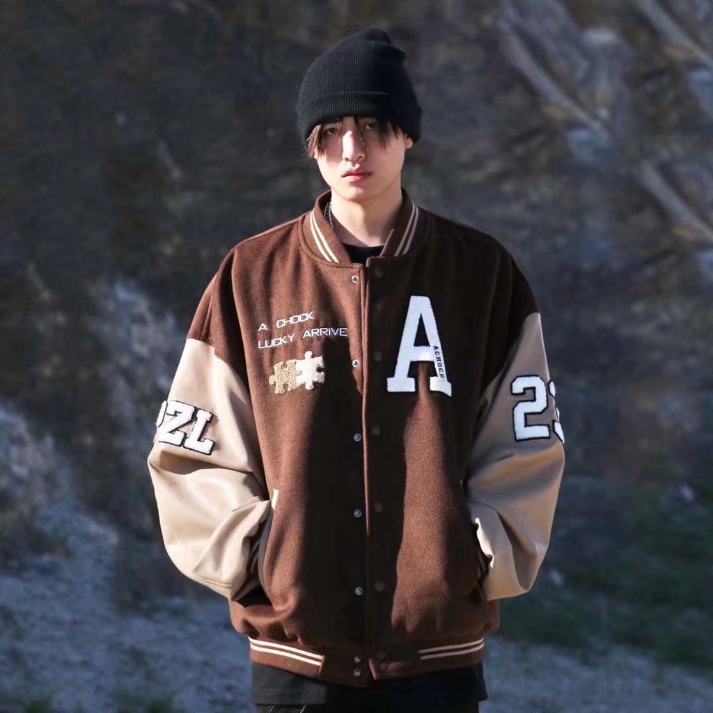 Áo Khoác Oversize Bomber Nâu Chữ A 23 - Khoác bóng chày form rộng tay bồng kiểu dáng thể thao hàn quốc đẹp