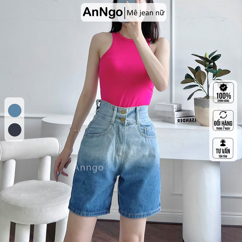 Quần jean ngố nữ loang màu lưng cao ống rộng, vải jean denim không co giãn bền đẹp AnNgo - AT233