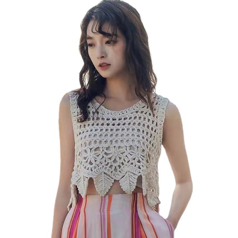 Áo Croptop Dệt Kim Không Tay Họa Tiết Hoa Lá Thời Trang Đi Biển Cho Nữ