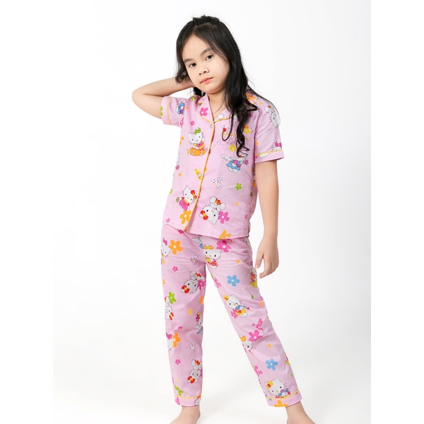 Bộ ngủ Pijama mặc nhà bé gái áo cộc quần dài màu hồng hình mèo kitty