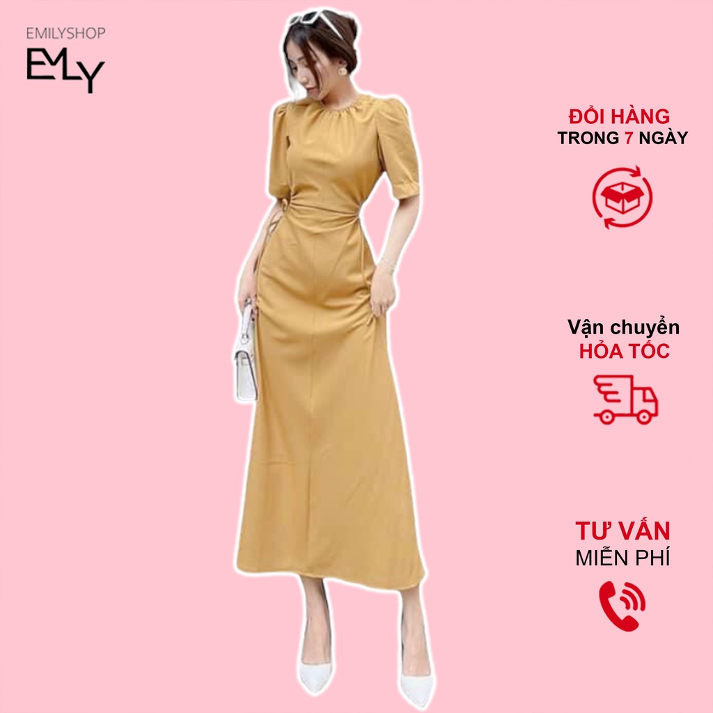 Đầm nữ midi dáng dài khoét eo cổ tròn rút eo Emilyshop hàng ulzzang