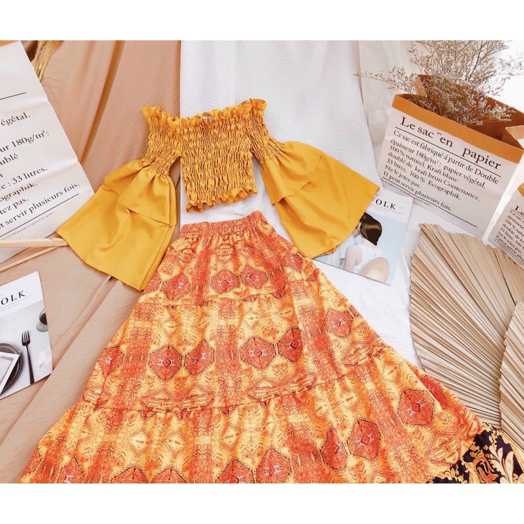 Set váy thổ cẩm vàng cam hàng cao cấp thiết kế,chân váy xòe rộng họa tiết chuẩn, chất lựa siêu mát không nhăn không nhàu