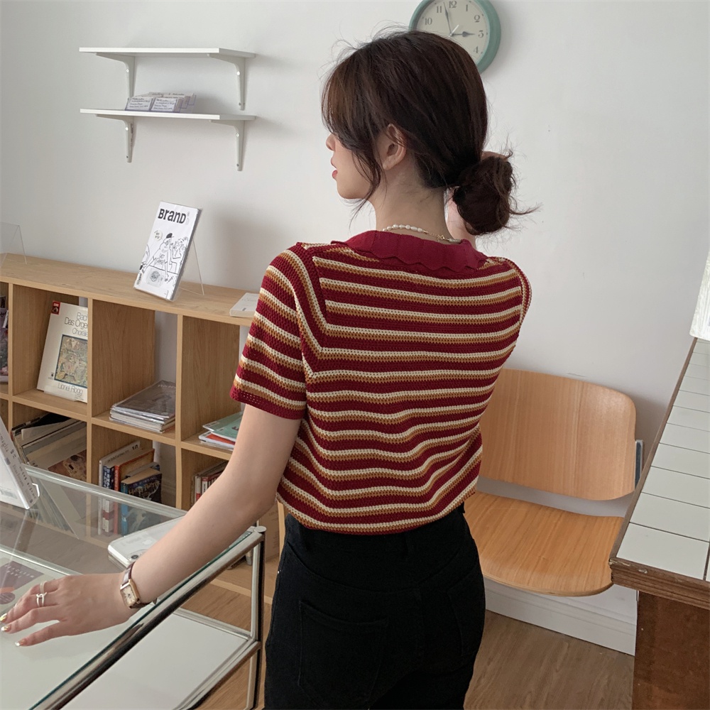 [Hana And Alice] Áo Thun POLO Dệt Kim Ngắn Tay Kẻ Sọc Kiểu Retro Thời Trang