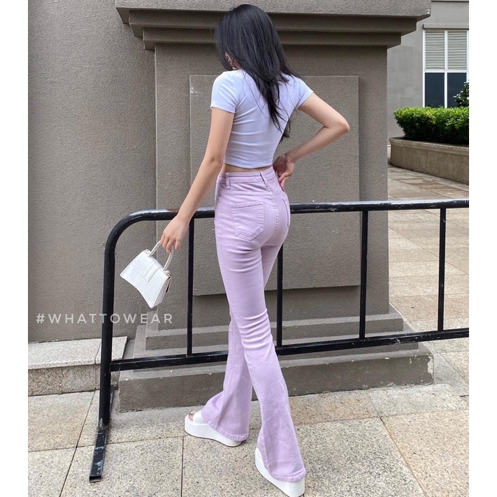 Quần jean loe cạp cao bảng màu pastel nhẹ nhàng