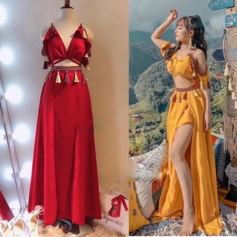 Đầm maxi thổ cẩm boho vintage váy xẻ tà sexy trễ vai tua rua xoè đẹp rẻ sống ảo 👗 * ྇ ྇