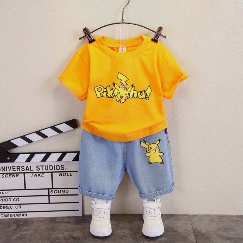 Bộ Quần Áo Ngắn Tay In Hoạt Hình Pikachu Đáng Yêu Cho Bé Trai