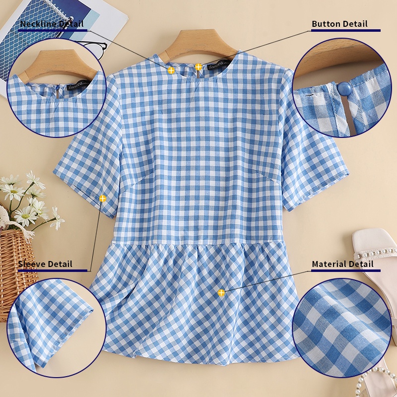 Zanzea Áo Sơ Mi Tay Ngắn Viền Bèo Họa Tiết Sọc Caro Phong Cách Châu Âu Thời Trang