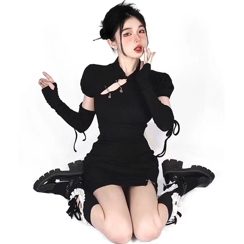 Đầm Sườn Xám Dệt Kim Màu Đen Đính Nơ Dáng Ôm Thời Trang Mùa Hè 2022 Dành Cho Nam