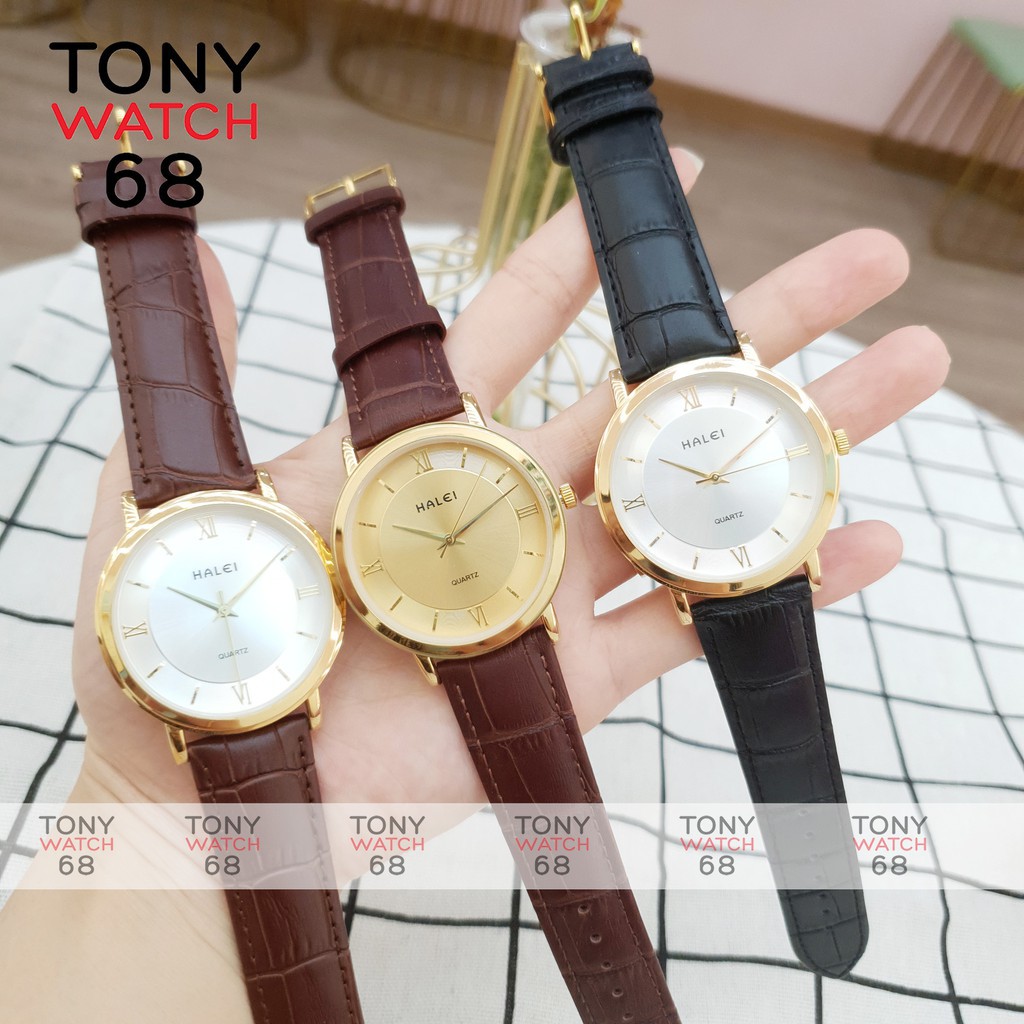 Đồng hồ nam Halei dây da mặt đồng tâm siêu mỏng mạ vàng chống nước chính hãng Tony Watch 68