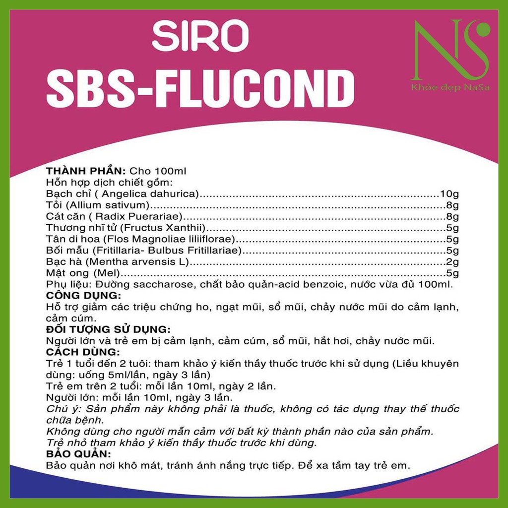 SIRO HO SBS GIẢM CÁC TRIỆU CHỨNG HO, NGẠT MŨI, CHẢY NƯỚC MŨI, SỔ MŨI, CẢM CÚM