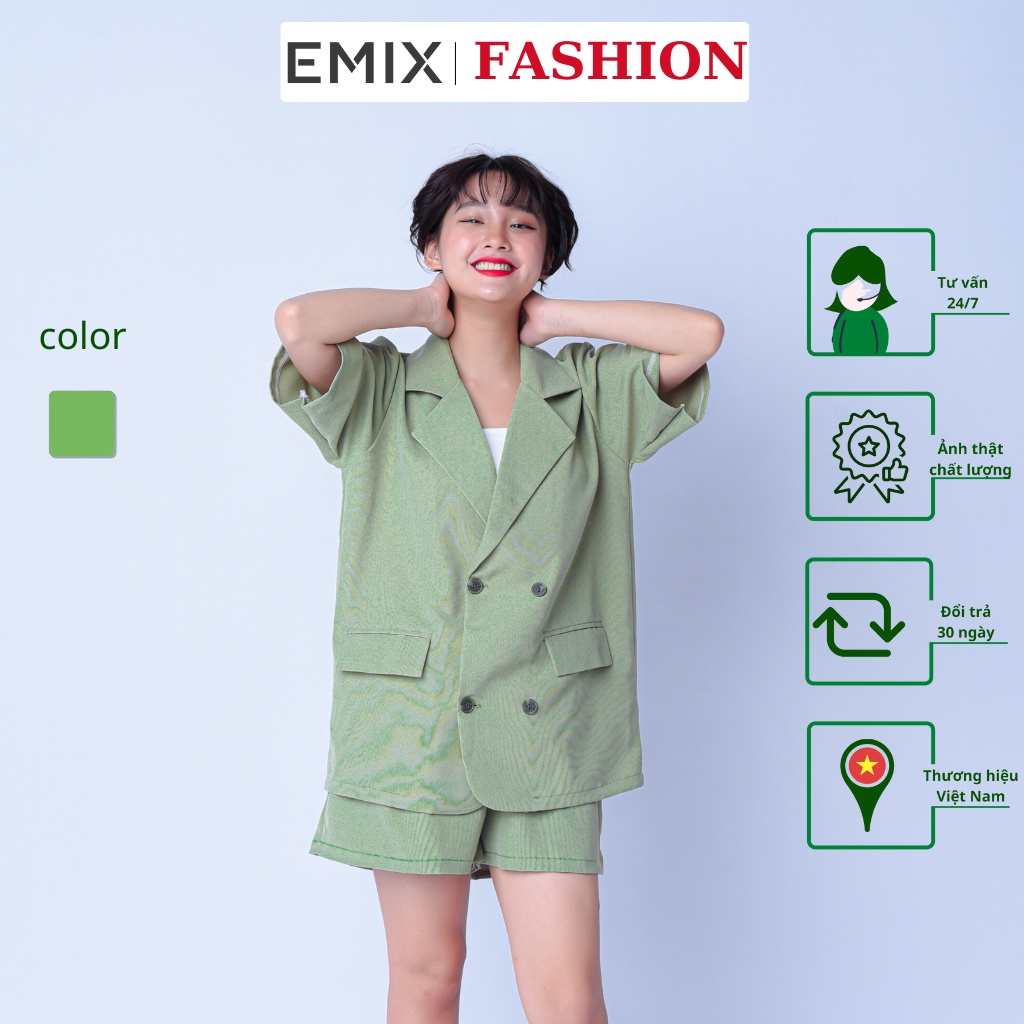 Set vest cộc tay EMIX (màu xanh), áo blazer cộc tay, quần short cạp cao, lưng chun, có cúc, chất trượt hàn 8641