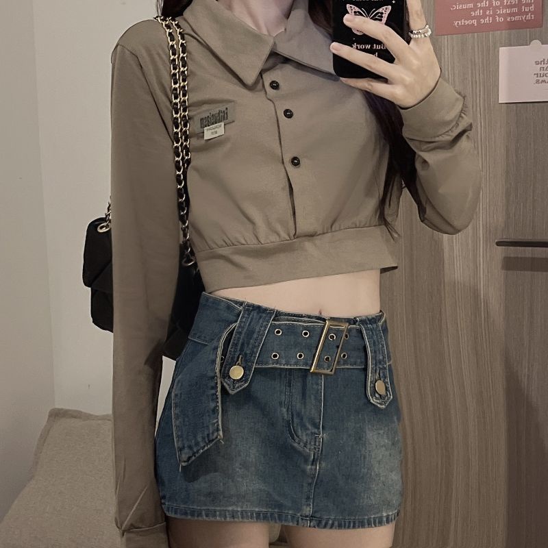 Áo Lửng Nữ Dài Tay Cổ Bẻ Trễ Vai Thời Trang Hàn