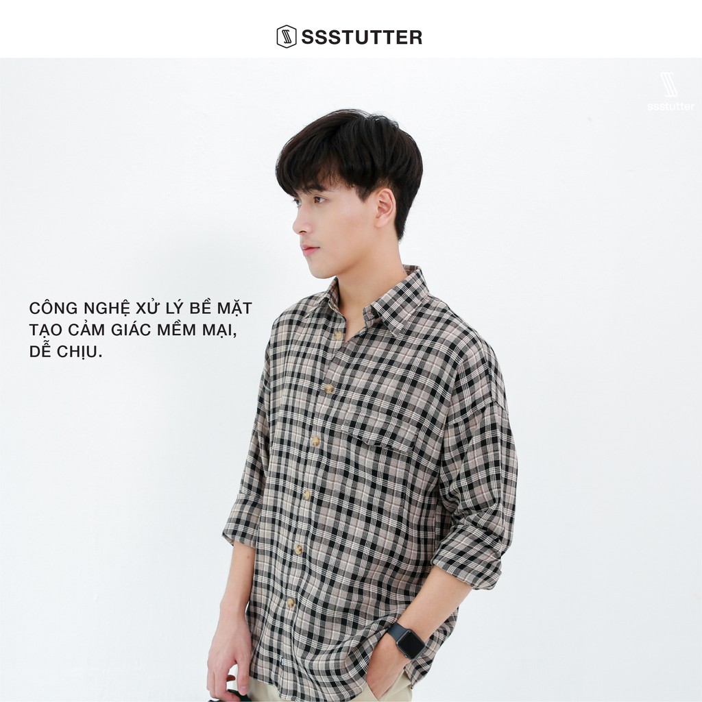 Áo sơ mi nam cổ đức dài tay SSSTUTTER hoạ tiết kẻ ô hàn quốc flan shirt