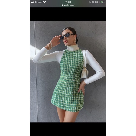ZARA Đức - Đầm chính hãng auth new tag cao cấp có sẵn sale váy tweed xanh lá sát nách ngắn dạ nỉ 8776/122