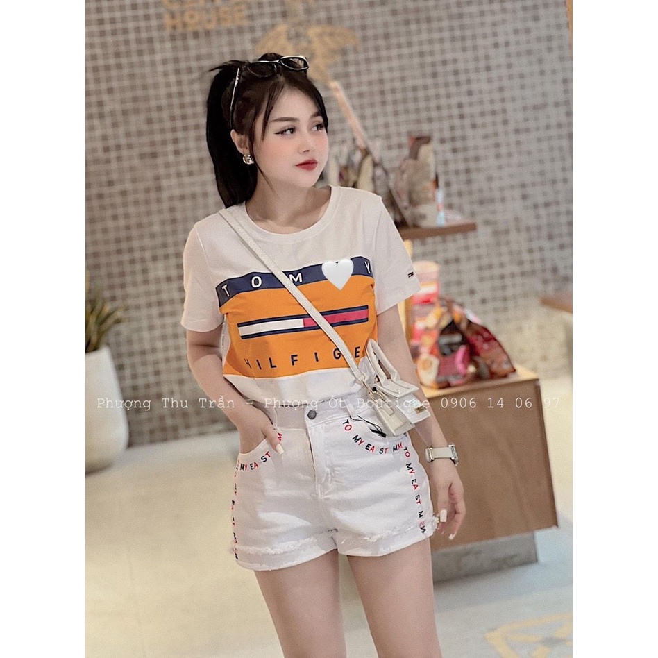 Áo thun cộc tay phối màu cam sáng