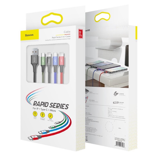 Cáp sạc đa năng Baseus Rapid Series 4 trong 1 cho iPhone/ iPad, Android(3.5A,1.2M,Type C/ Micro/ Lightning ,Fast charge)