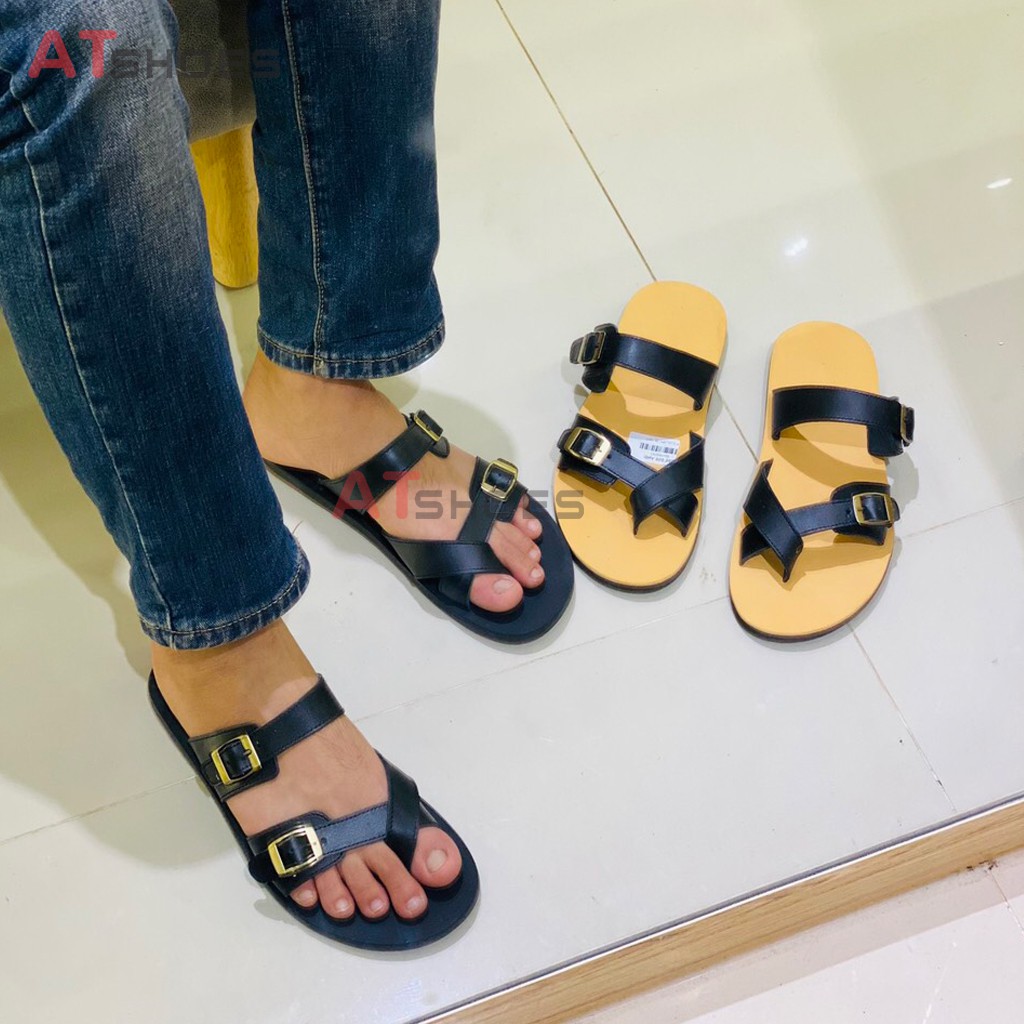 Dép da nam cao cấp Dép sandal nam quai ngang Trẻ Trung Atshoes QN3M (Đen - Nâu)