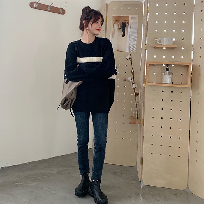 Áo len nữ form rộng tay dài hàn quốc cổ tròn màu đen kẻ ngang ulzzang - AL21