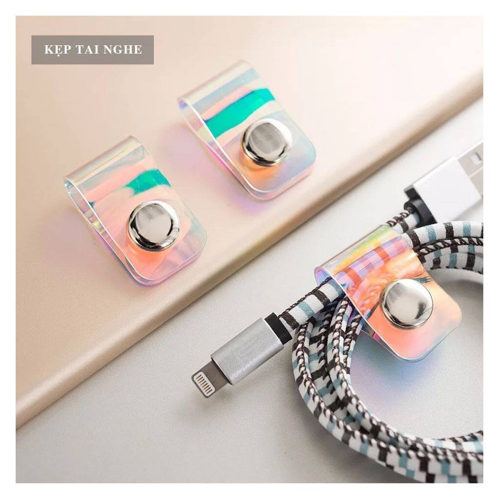 Phụ kiện dây thu gọn tai nghe sạc, cáp sạc điện thoại chống rối đứt màu Hologram cá tính | BigBuy360 - bigbuy360.vn