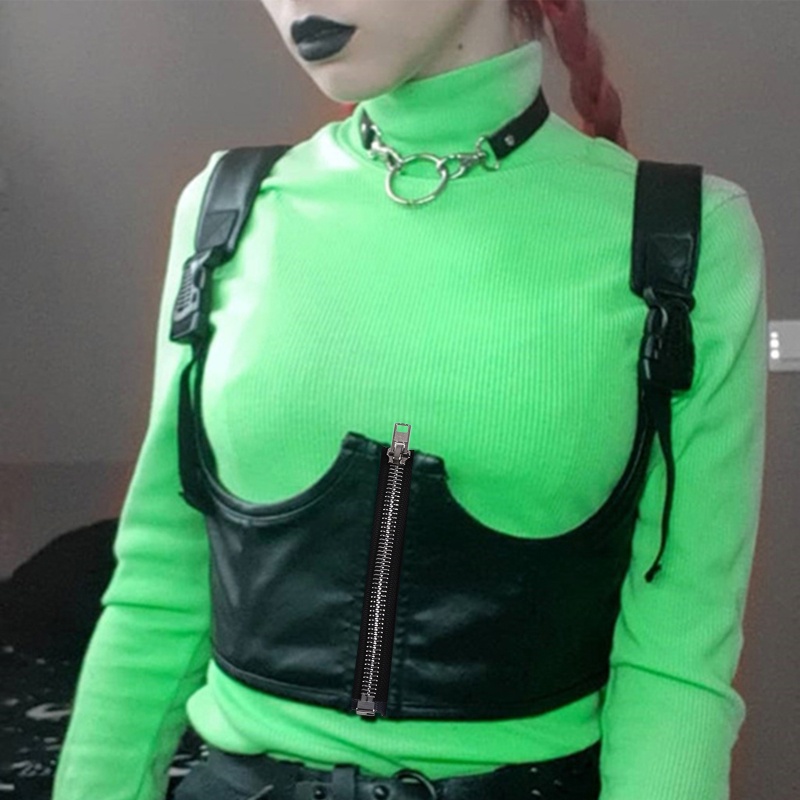 Áo Croptop Giả Da Phối Khóa Kéo Trước Dạng Hở Phong Cách Gothic Harajuku Punk Cho Nữ
