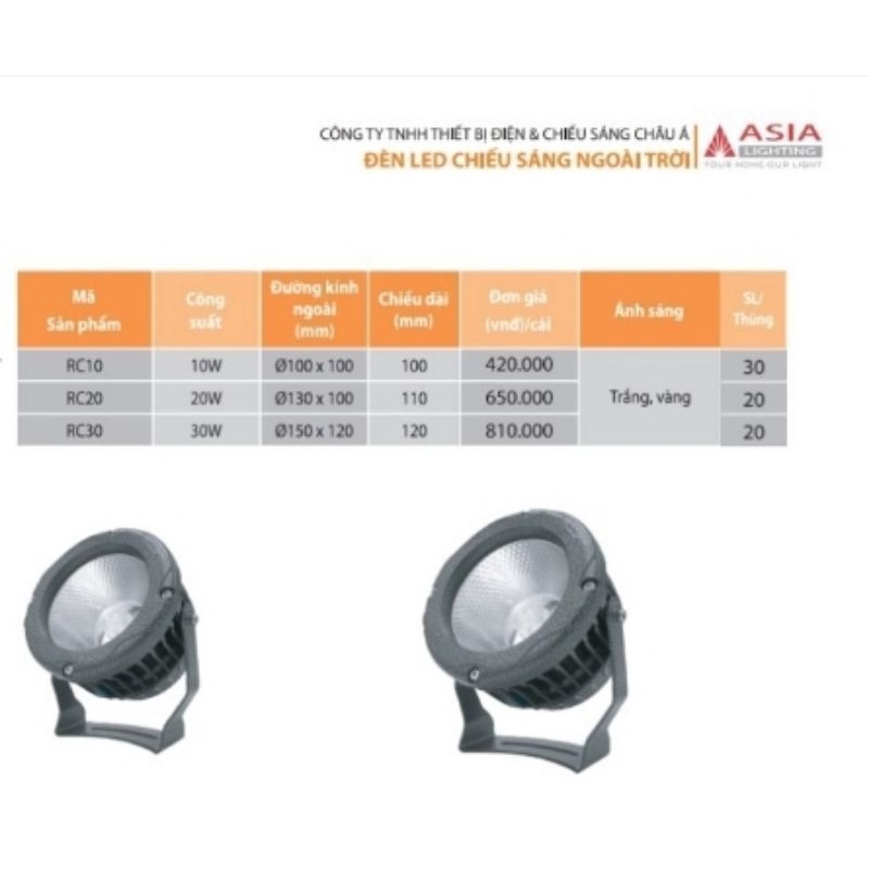 Đèn led rọi ngoài trời Asia 10w, 20w, 30w , chống nước IP66, mã RC10, RC20