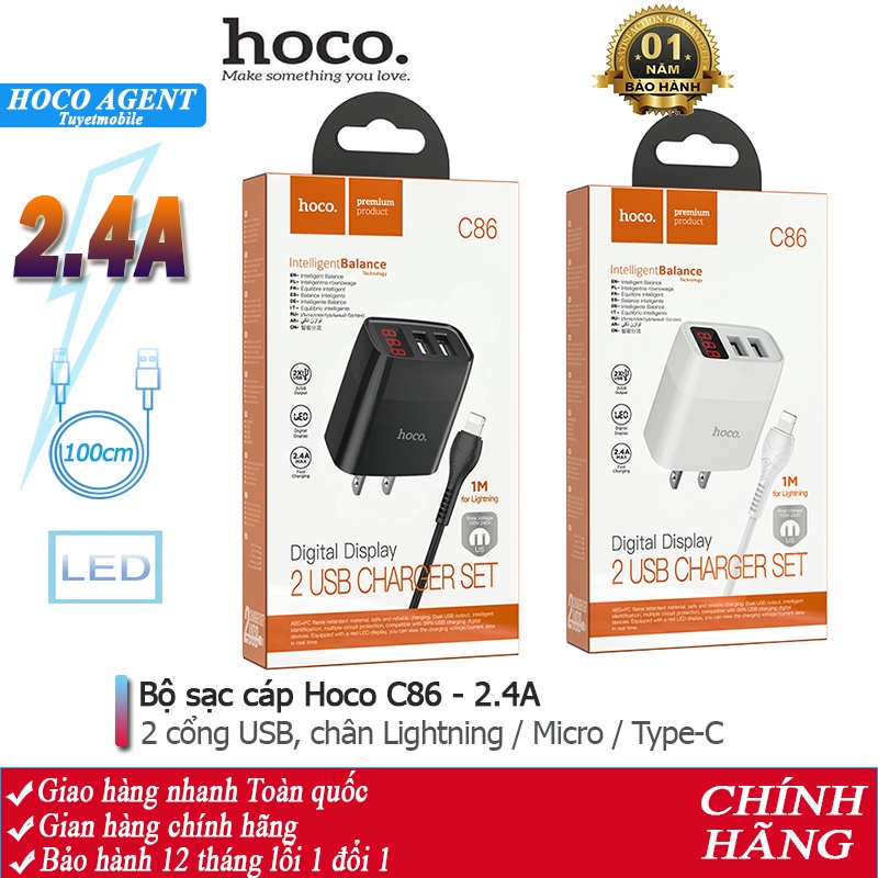 Bộ sạc cáp 2.4A Hoco C86 gồm 2 cổng USB, có màn LED đầu Lightning/ Micro/ Type-C dây dài 1m - Chính hãng