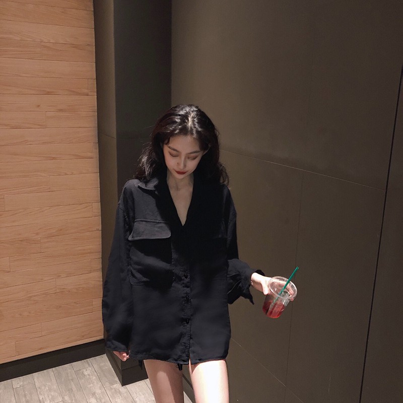 Sơ mi lụa basic màu đen 2 túi ngực A078